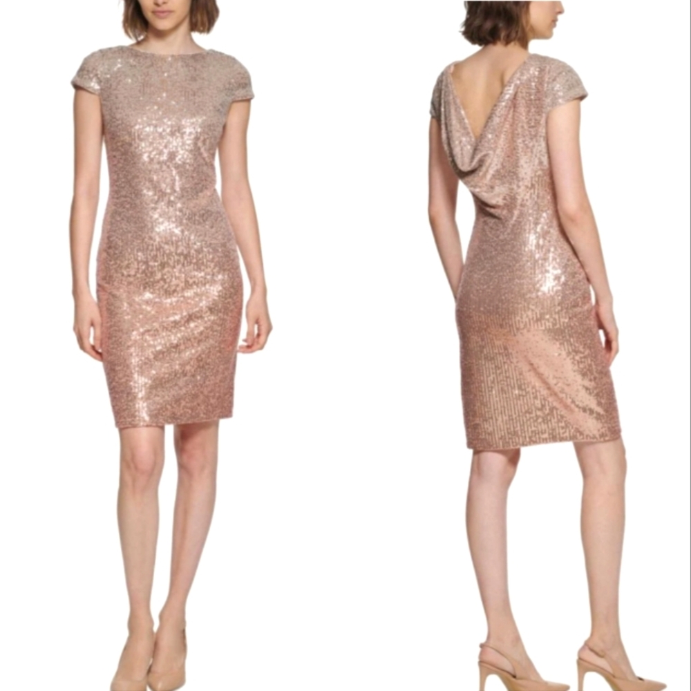 Nwt Calvin Klein Peach Ombre Sequin Cap Sleeve,Boatneck,Draped Back Party Dress